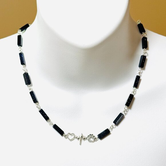 Dark Blue Goldstone Short Necklace w/ Silver Paw Print Heart Beat Charm - Picture 2 of 14